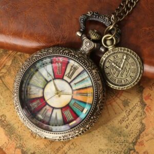 Antique Vintage Roman Numeral Pocket Watch Brass Colorful Glass Transparent Flap Flip Necklace Chain Gift