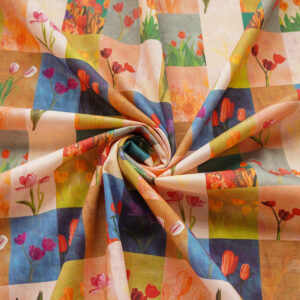 148x100cm Floral Cotton Fabric Plaid Tulip Print, 58" Wide, for Quilting Sewing Dress & Clothing