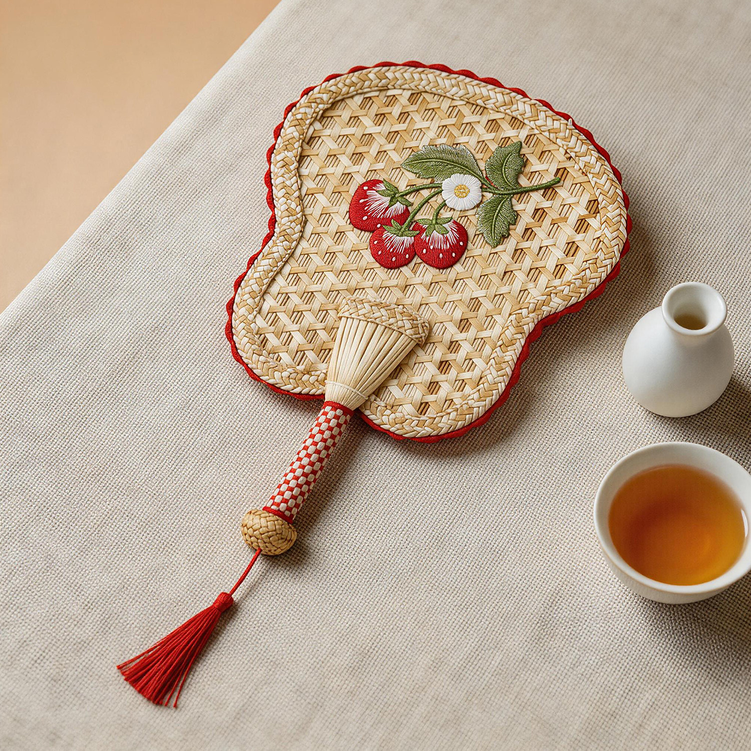 Retro Embroidered Hand Fan, Handcrafted Wheat Straw Cattail Fan with Tassel, Unique Eco-Friendly Gift - Image 4