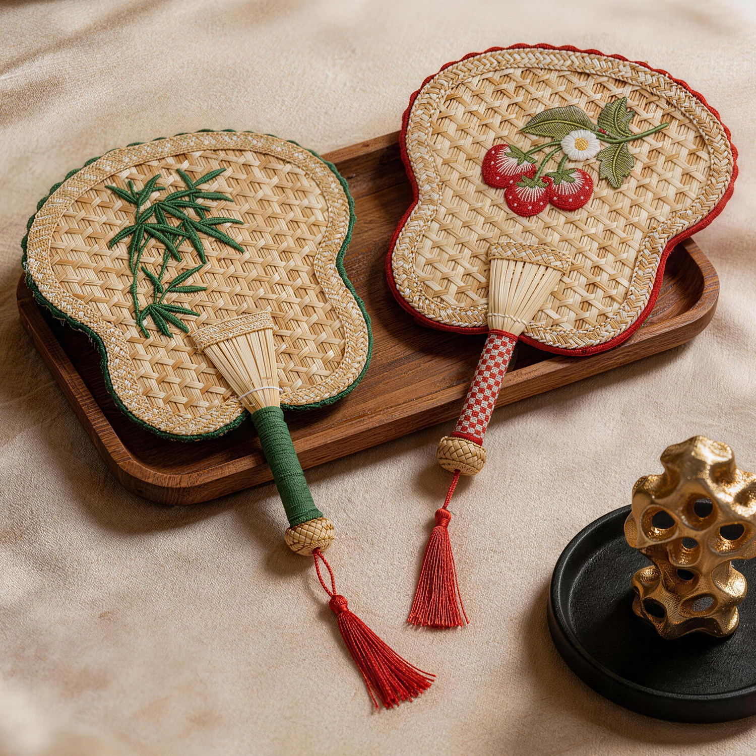 Retro Embroidered Hand Fan, Handcrafted Wheat Straw Cattail Fan with Tassel, Unique Eco-Friendly Gift