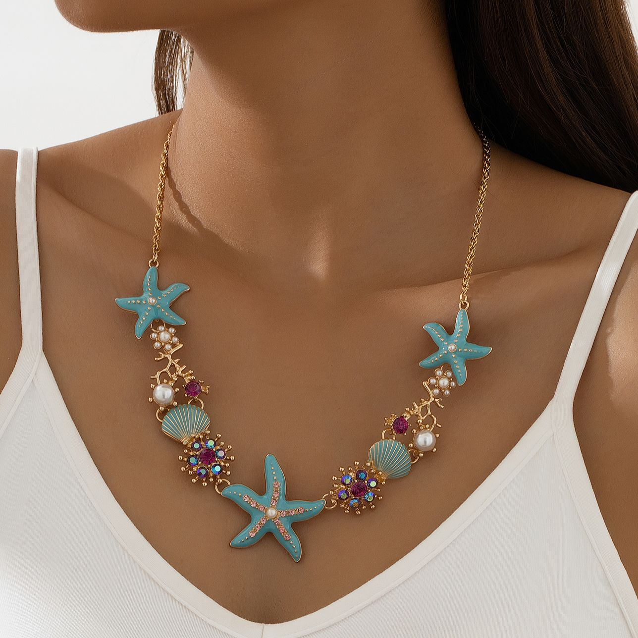 Ocean-Inspired Starfish Necklace for Women – Seashell & Pearl Statement Jewelry - Image 2