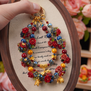 Vintage flower phone charm with colorful beads, rose details and gold-tone decorative accents