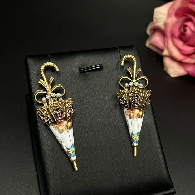 Vintage Elegant Multicolor Gem Umbrella Earrings for Women – Colorful Rainy Day Jewelry - Image 5