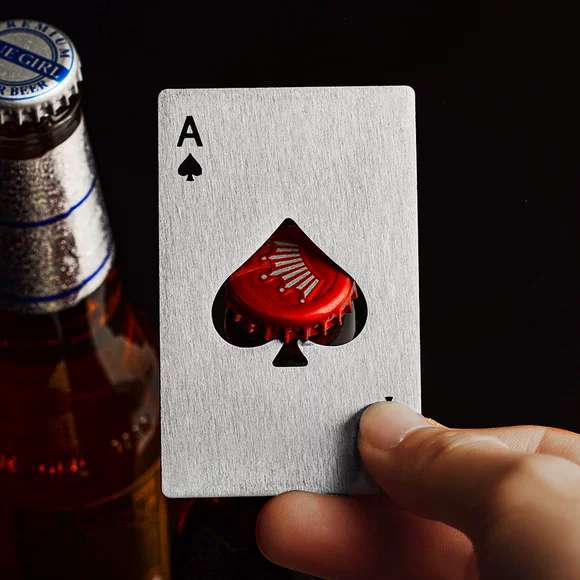 Poker card bottle opener designed as a compact novelty bar accessory