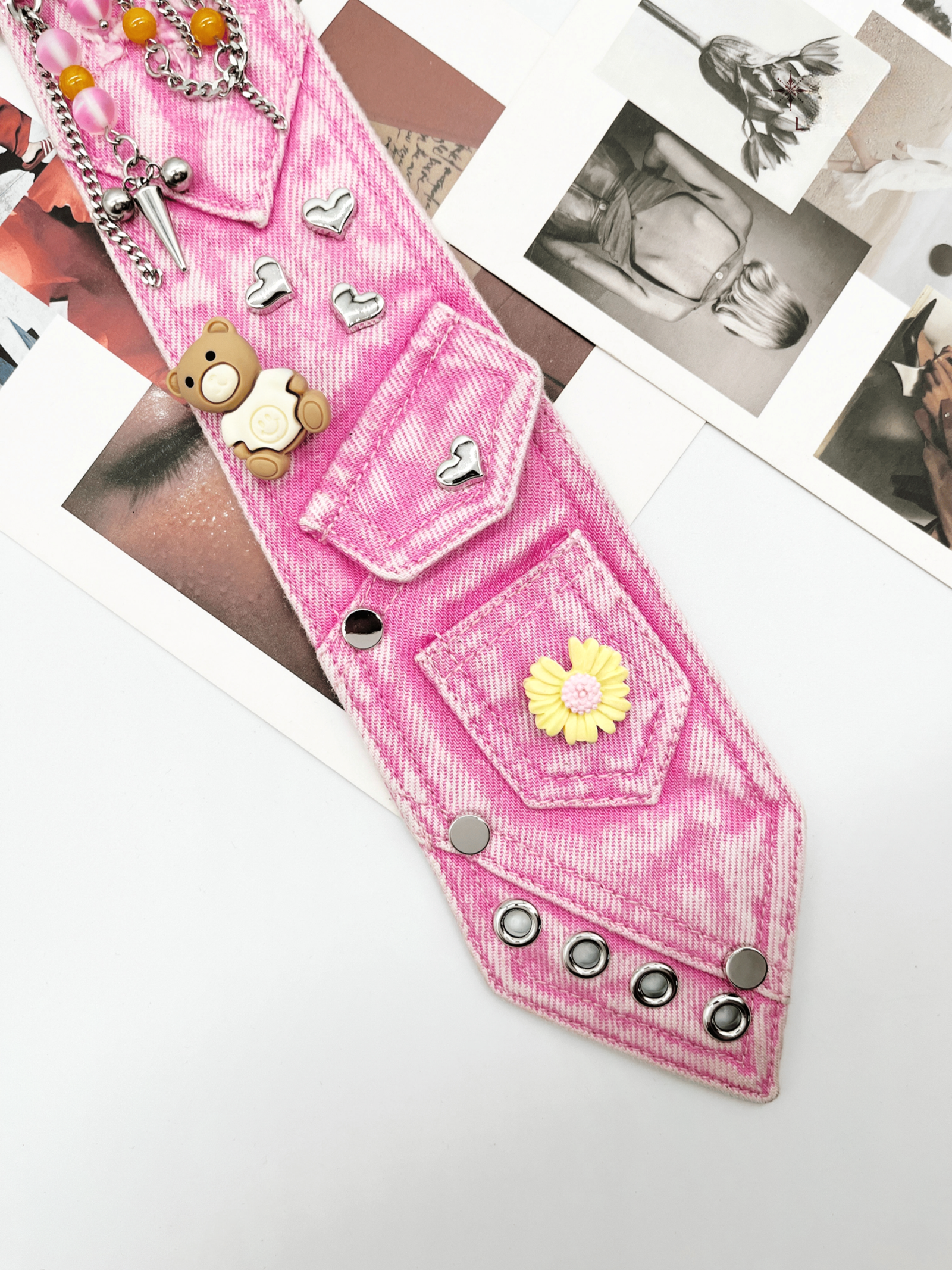 Pink Y2K Denim Necktie – Cute Decorative Tie with Chains & Charms - Image 3